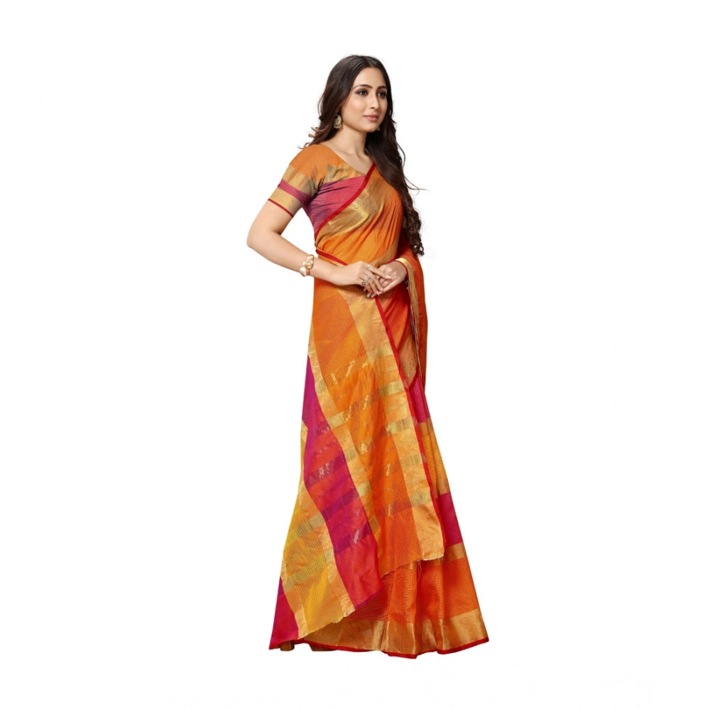 Generic Women's Kota Doria Cotton Saree With Blouse (Orange,6-3 Mtrs)