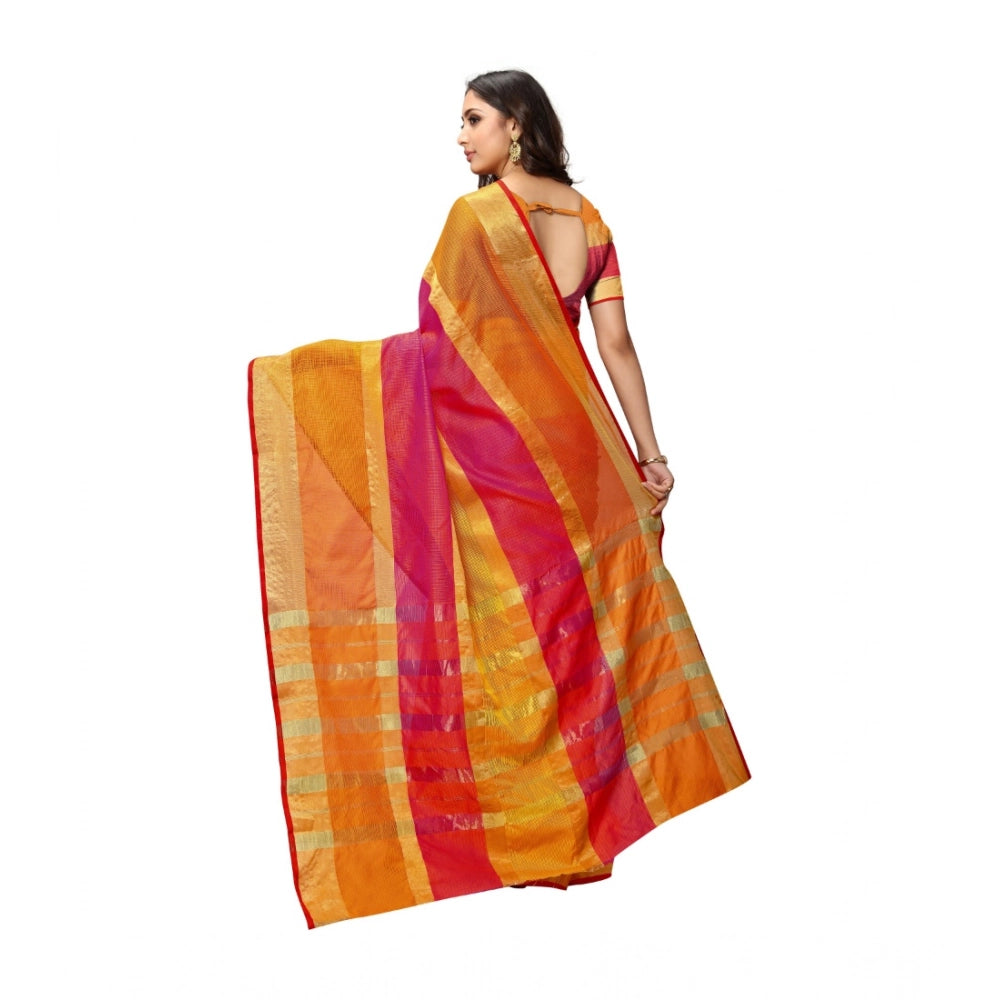 Generic Women's Kota Doria Cotton Saree With Blouse (Orange,6-3 Mtrs)