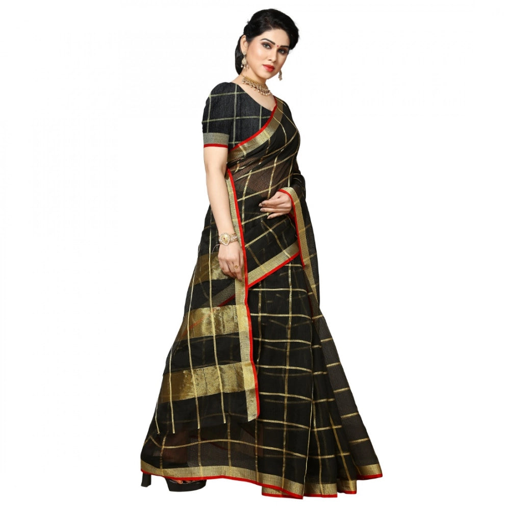 Generic Women's Kota Doria Cotton Checked Saree With Blouse (Black, 5-6 Mtrs)