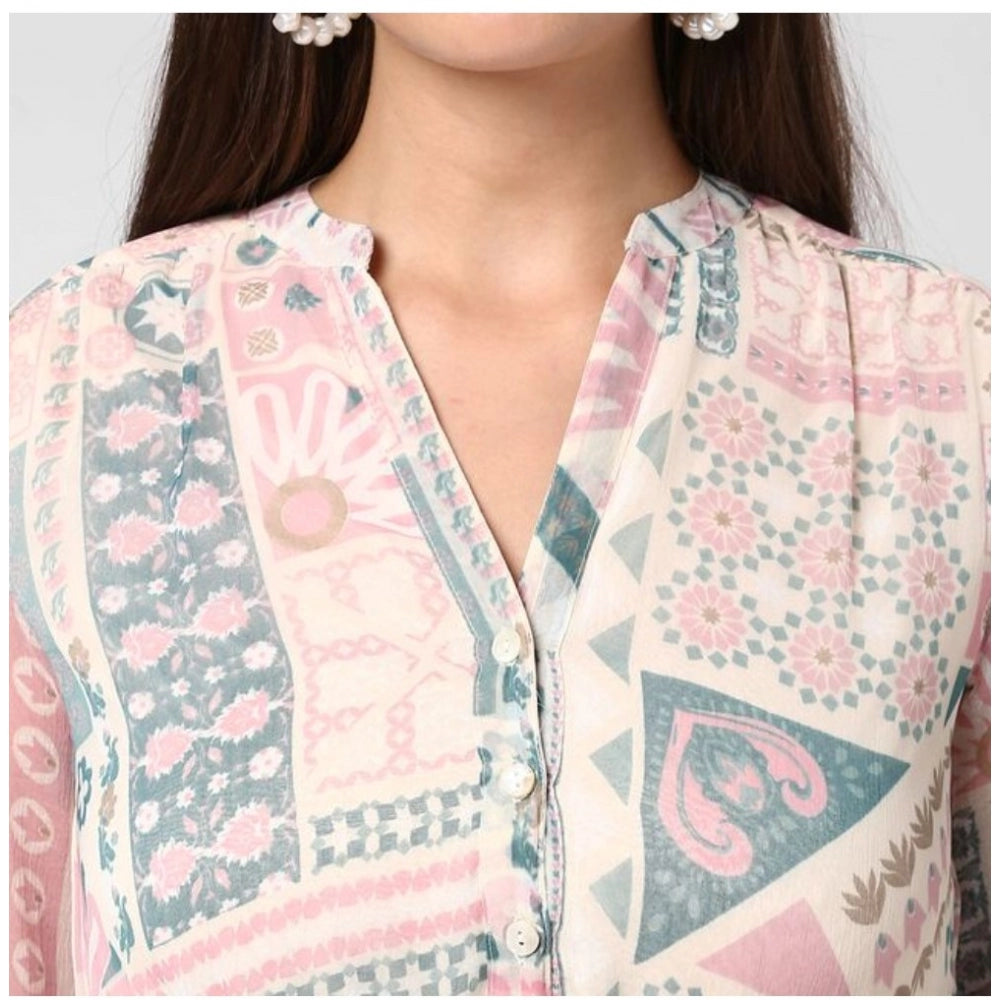 Generic Women's Polyester Printed Long Sleeves Above Knee Dress (Light Pink - Off White)