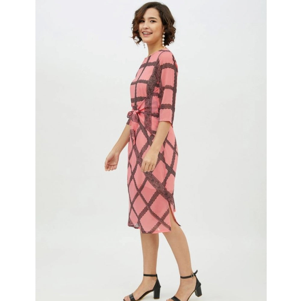 Generic Women's Polyester Checkered 3-4th Sleeves Below Knee Dress (Pink)
