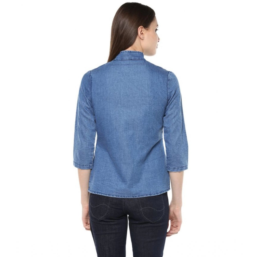 Generic Women's Denim Solid 3-4th Sleeves Regular Top (Blue)