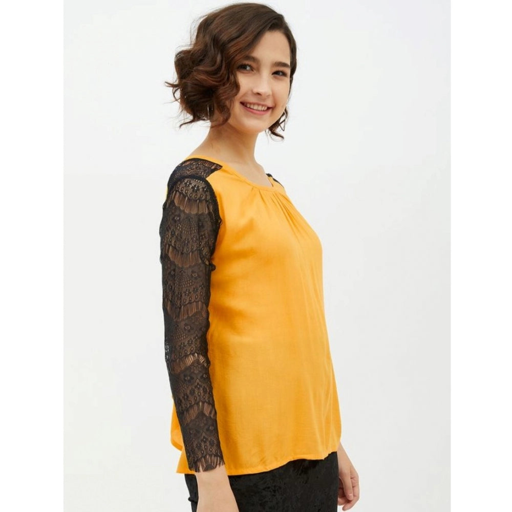Generic Women's Rayon Lace Inserts Long Sleeves Top (Yellow)