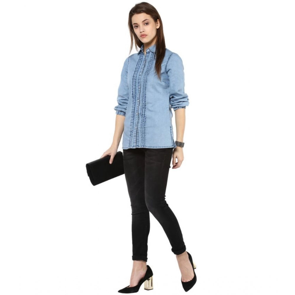 Generic Women's Denim Solid 3-4th Sleeves Standard Length Shirt (Blue)