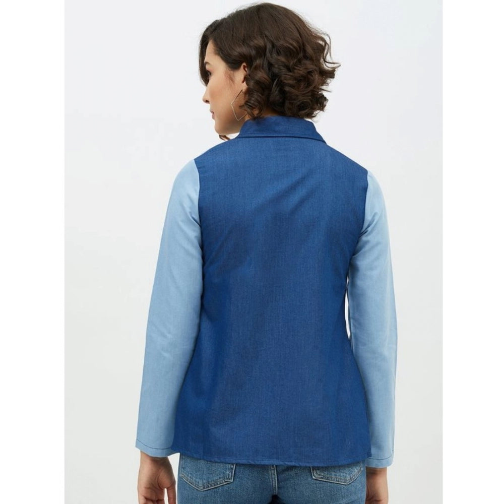 Generic Women's Denim Patch Work Long Sleeves Standard Length Shirt (Blue)