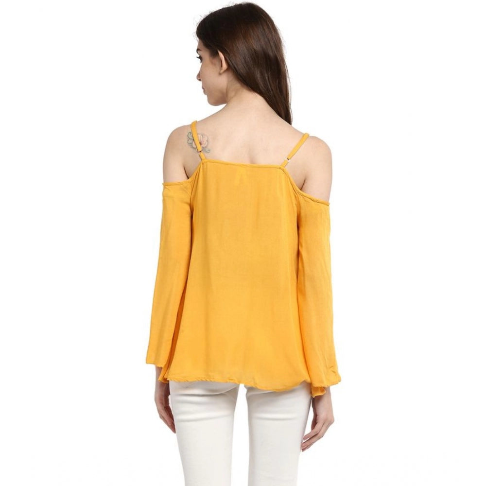Generic Women's Rayon Embellished Cold Shoulder Regular Top (Mustard Yellow)