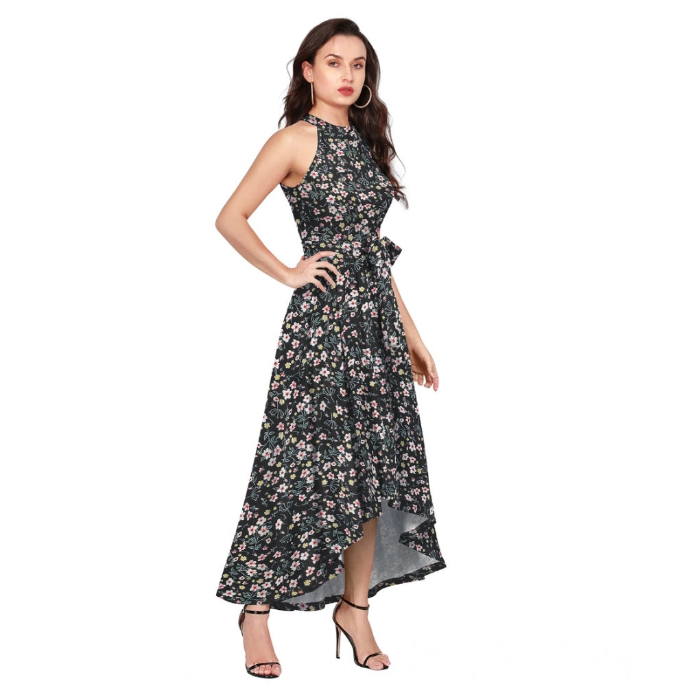 Generic Women's Polyester Printed Halter Neck Sleeveless Dress (Black)