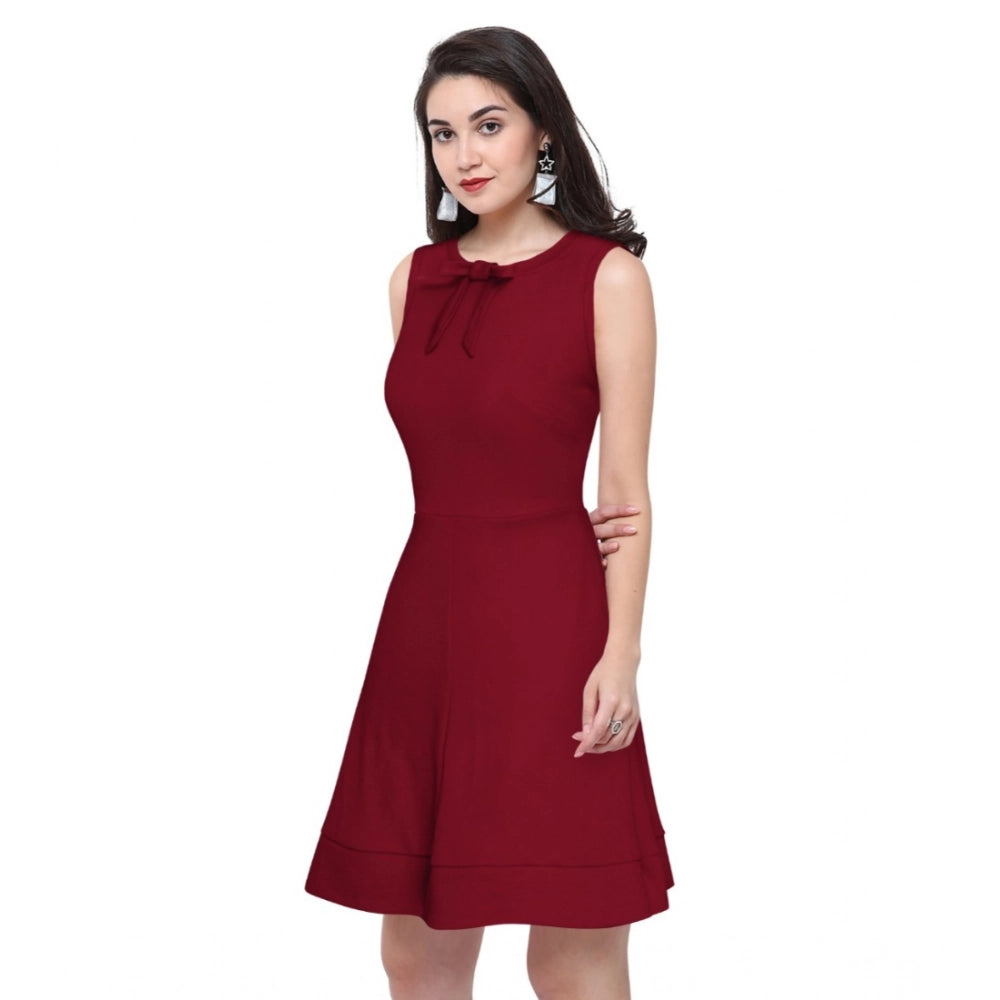 Generic Women's Polyester Solid Round Neck Sleeveless Dress (Maroon)