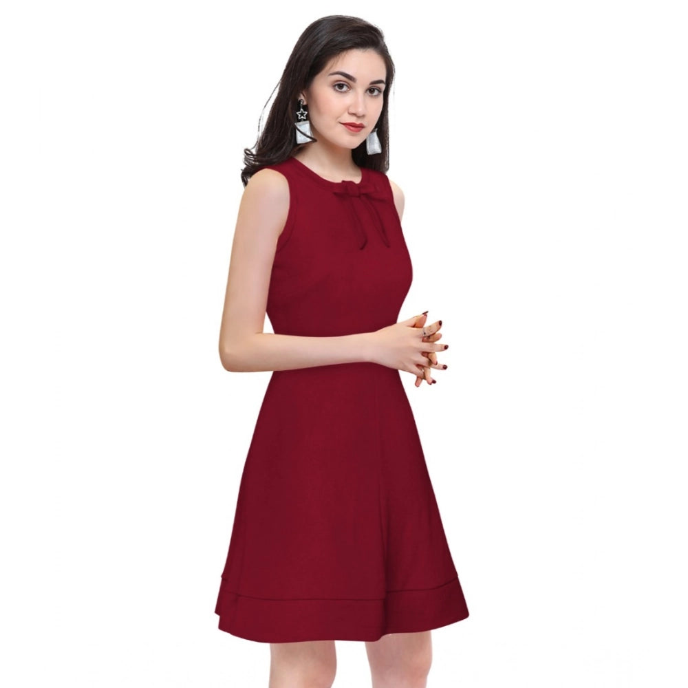 Generic Women's Polyester Solid Round Neck Sleeveless Dress (Maroon)