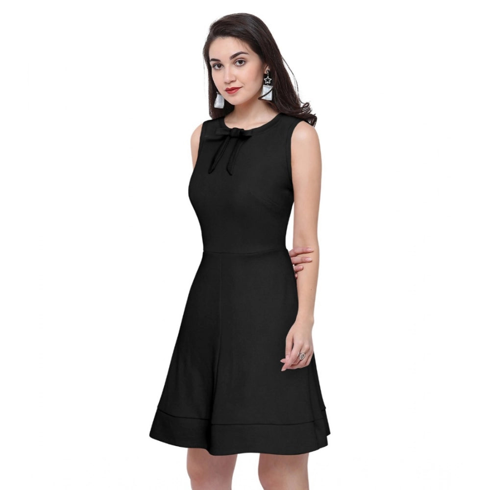 Generic Women's Polyester Solid Round Neck Sleeveless Dress (Black)