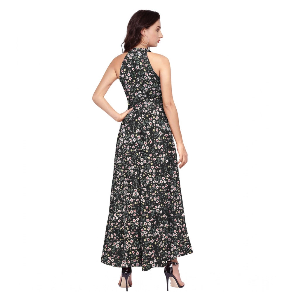 Generic Women's Polyester Printed Halter Neck Sleeveless Dress (Black)