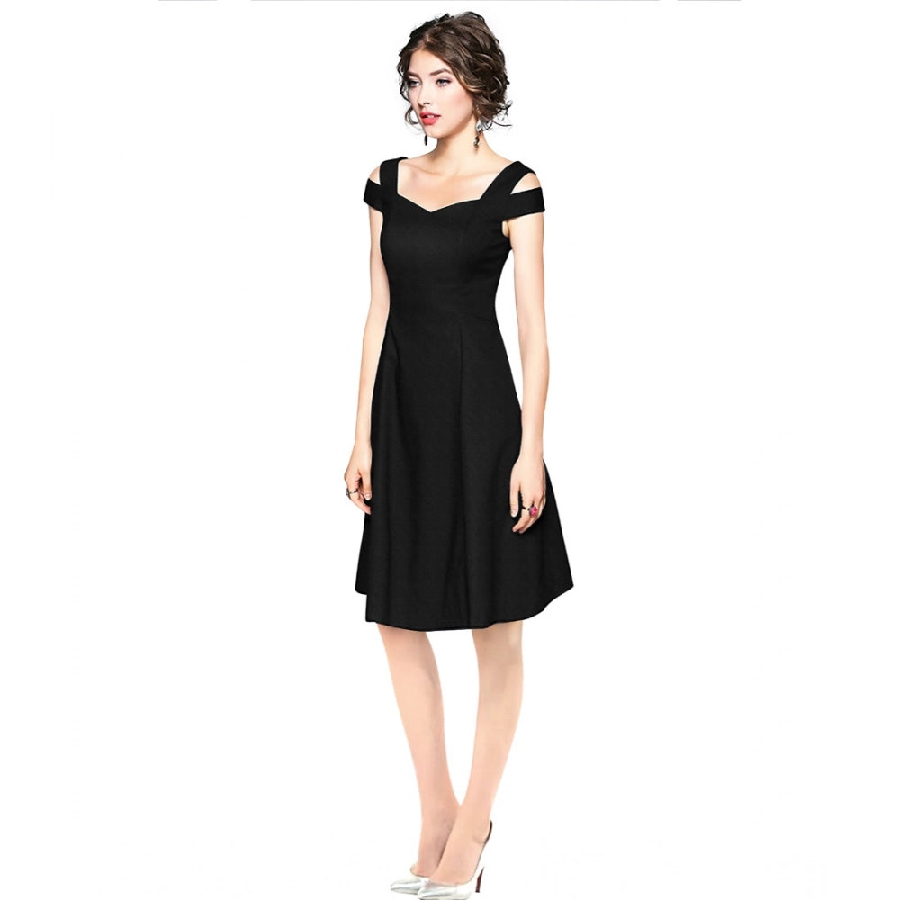 Generic Women's Polyester Solid V Neck Cap Sleeve off Shoulder Dress (Black)