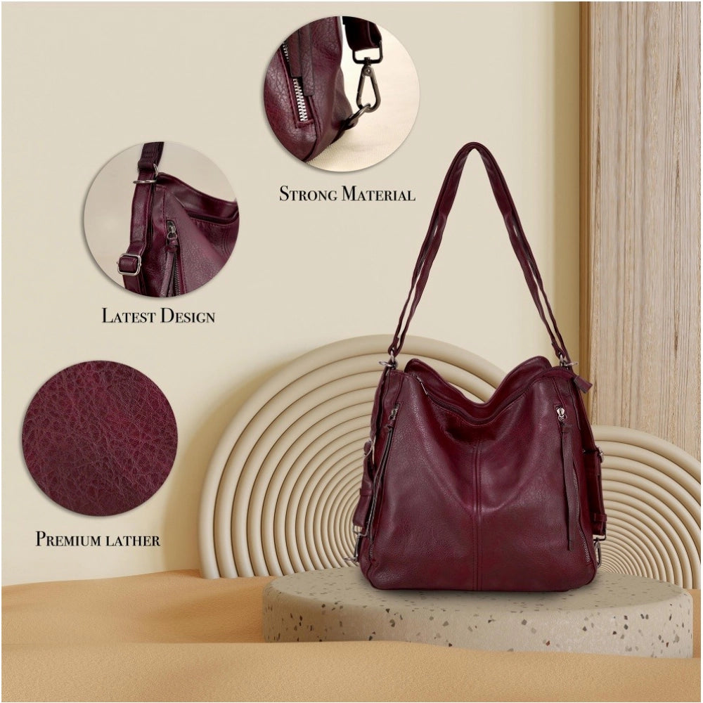 Generic Women's PU Leather Medium Shoulder Zipper Handbag (Wine red)