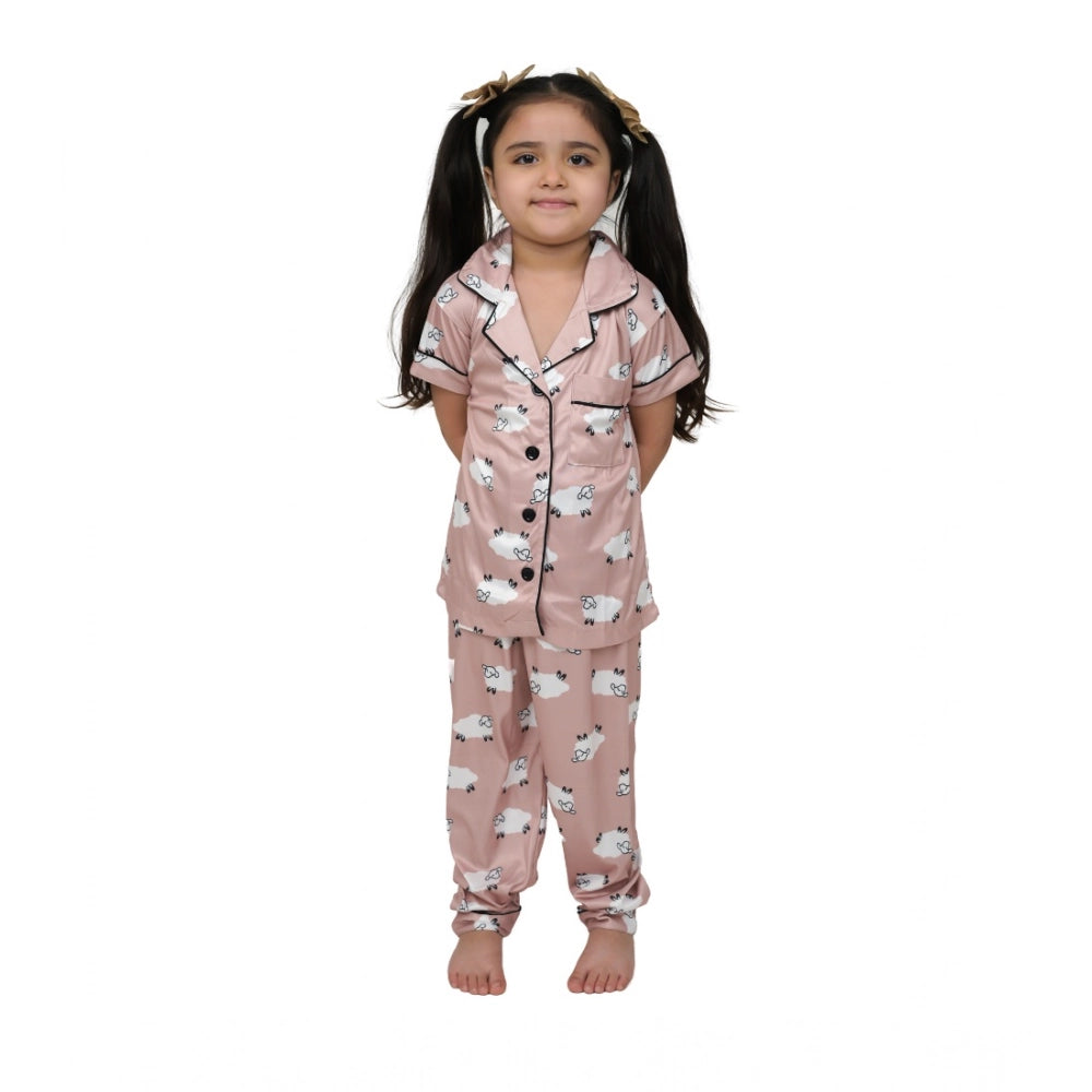 Generic Girl's Silk Bleand Printed Short Sleeve Night Suit Set (Brown)