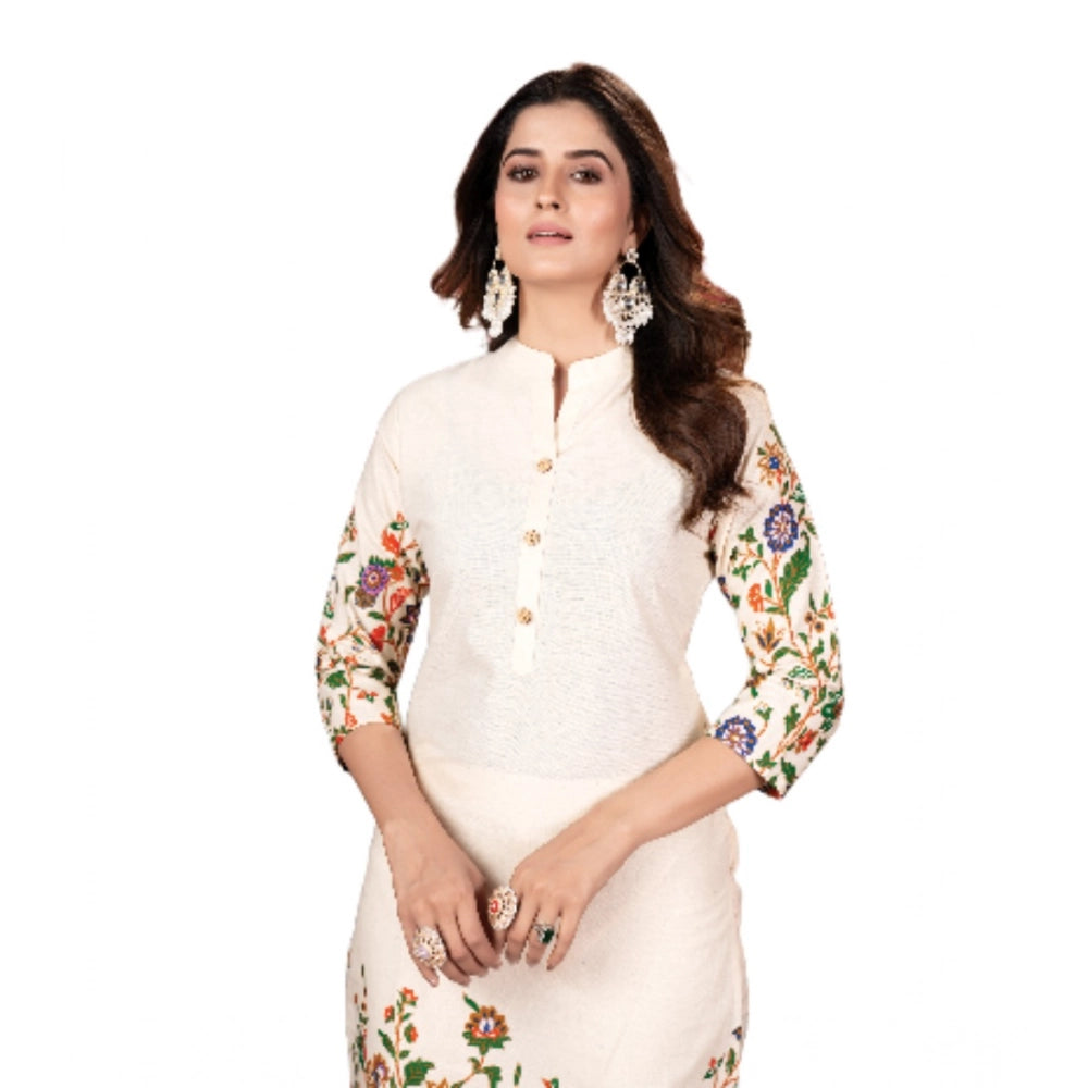 Generic Women's Cotton Printed 3/4th Sleeve Kurti With Pant (Cream )