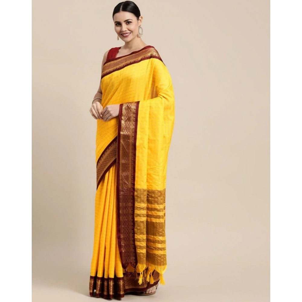 Generic Women's Cotton Silk Checkered Saree With Unstitched Blouse 5.5Mtr (Yellow)