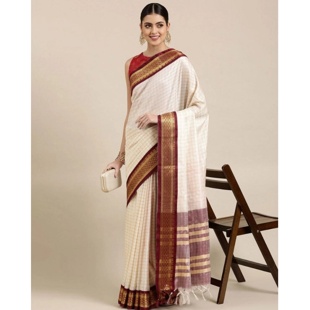 Generic Women's Cotton Silk Checkered Saree With Unstitched Blouse 5.5Mtr (Maroon)