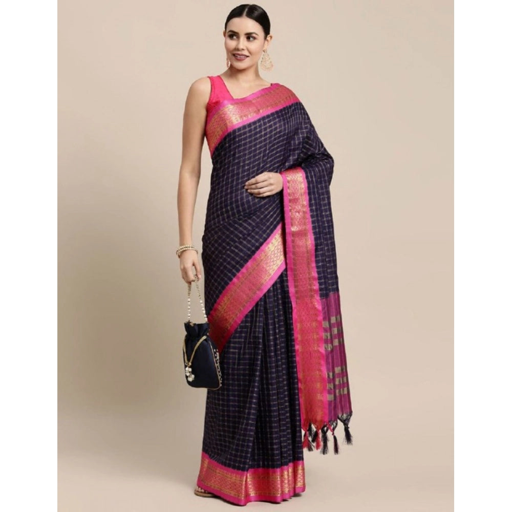 Generic Women's Cotton Silk Checkered Saree With Unstitched Blouse 5.5Mtr (Navy Blue)