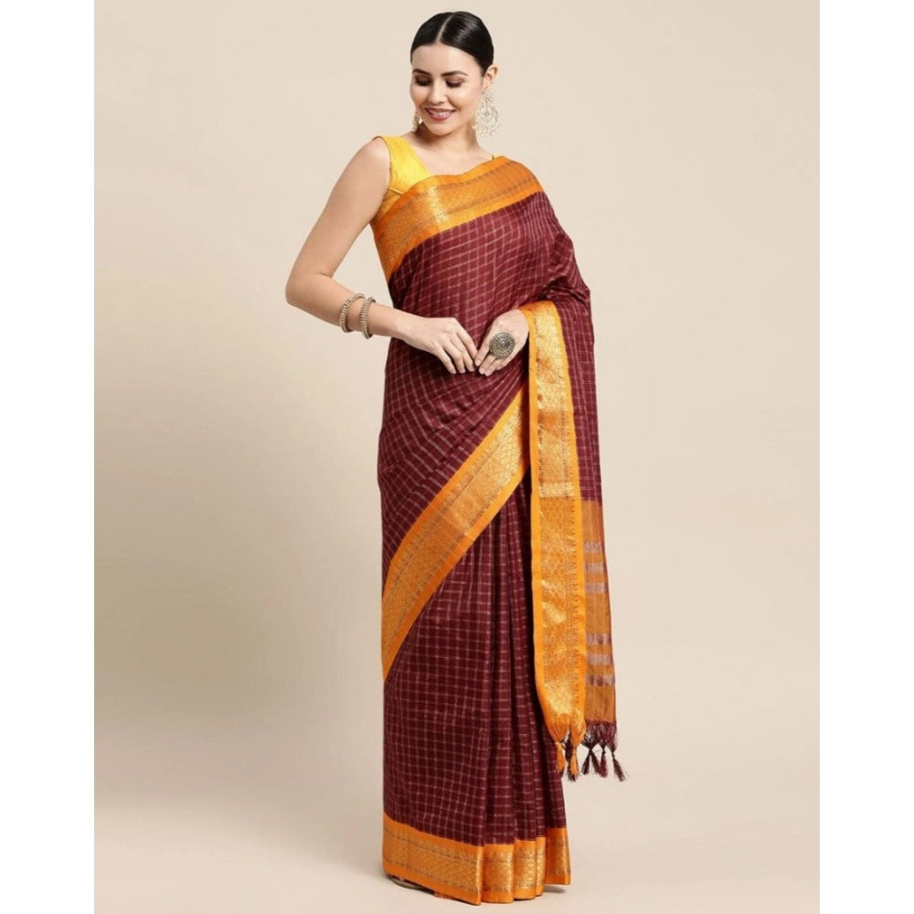 Generic Women's Cotton Silk Checkered Saree With Unstitched Blouse 5.5Mtr (Coffee)
