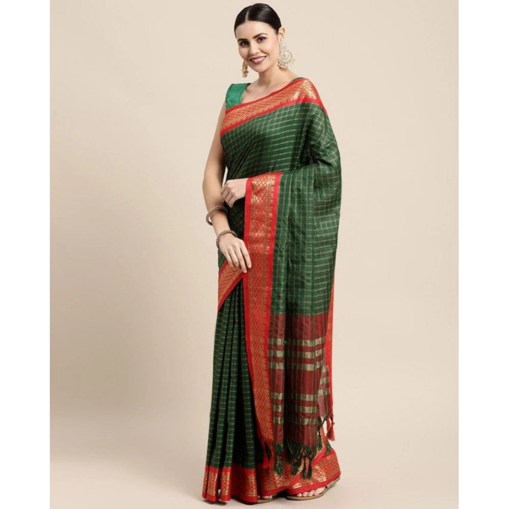 Generic Women's Cotton Silk Checkered Saree With Unstitched Blouse 5.5Mtr (B Green)