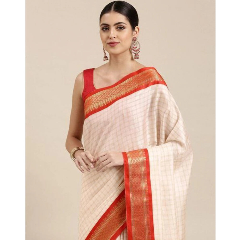 Generic Women's Cotton Silk Checkered Saree With Unstitched Blouse 5.5Mtr (Red)