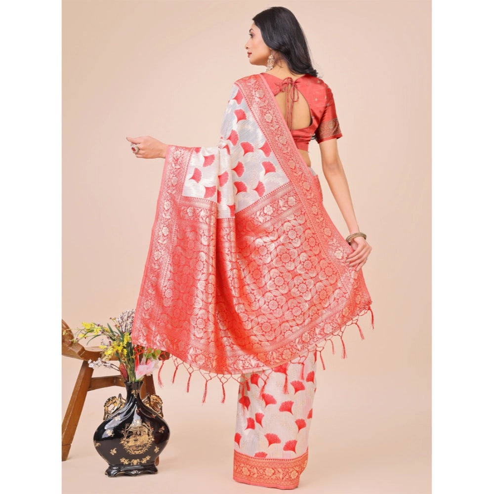 Generic Women's Linen Cotton Printed Saree With Unstitched Blouse 5.5Mtr (Red)