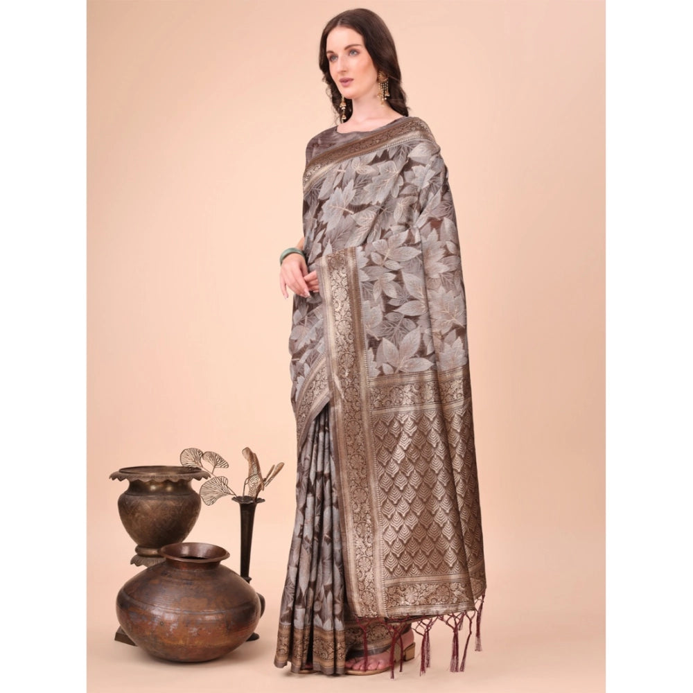Generic Women's Cotton Printed Saree With Unstitched Blouse 5.5Mtr (Brown)
