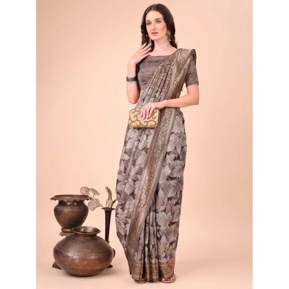 Generic Women's Cotton Printed Saree With Unstitched Blouse 5.5Mtr (Brown)