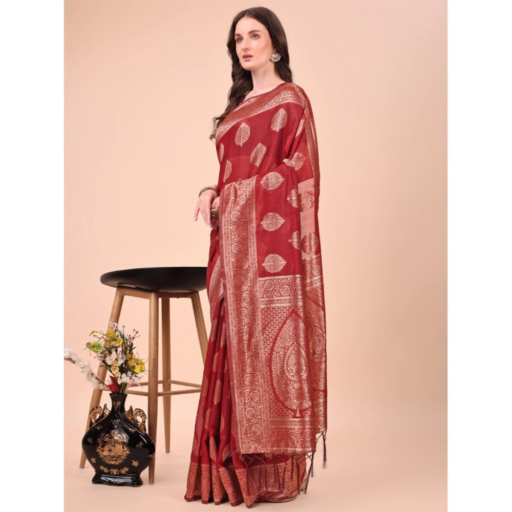 Generic Women's Cotton Printed Saree With Unstitched Blouse 5.5Mtr (Maroon)