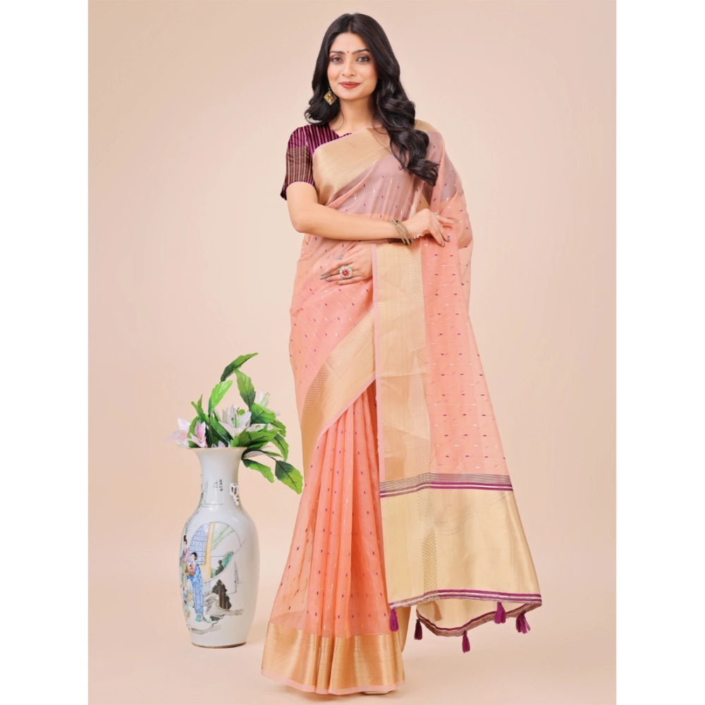 Generic Women's Organza Printed Saree With Unstitched Blouse 5.5Mtr (Light Pink)