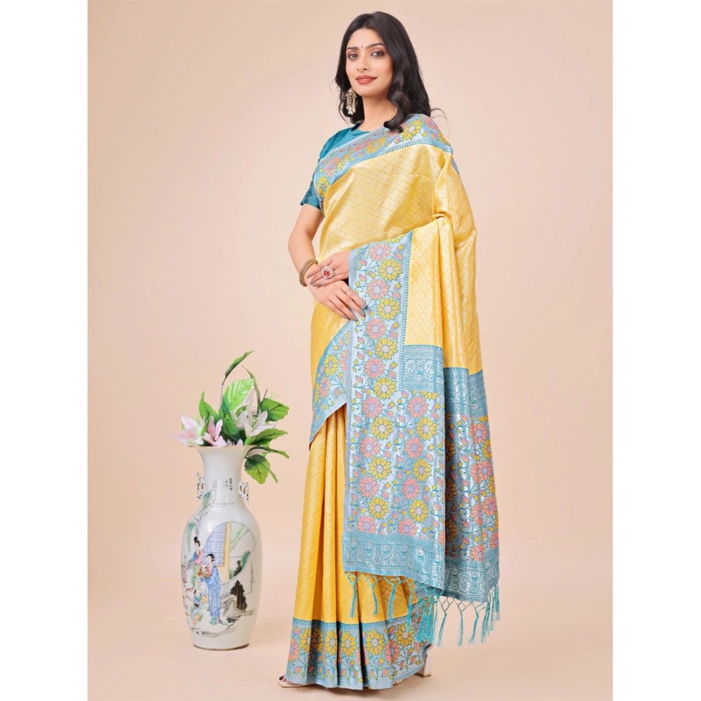 Generic Women's Lichi Silk Printed Saree With Unstitched Blouse 5.5Mtr (Yellow)