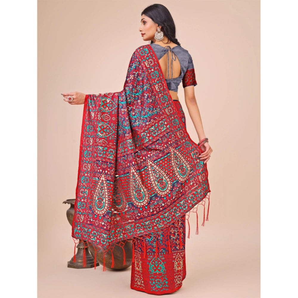Generic Women's Cotton Printed Saree With Unstitched Blouse 5.5Mtr (Red)