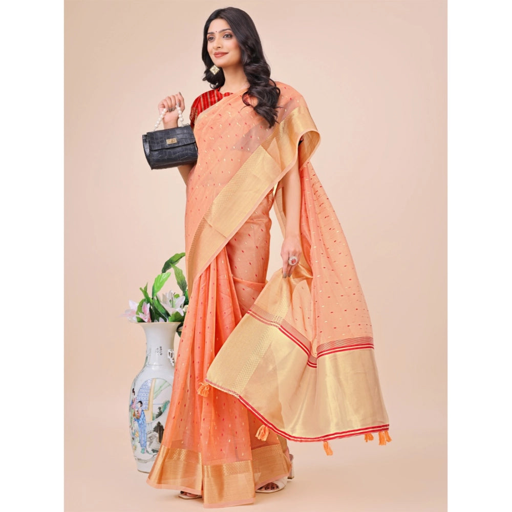 Generic Women's Organza Printed Saree With Unstitched Blouse 5.5Mtr (Peach)