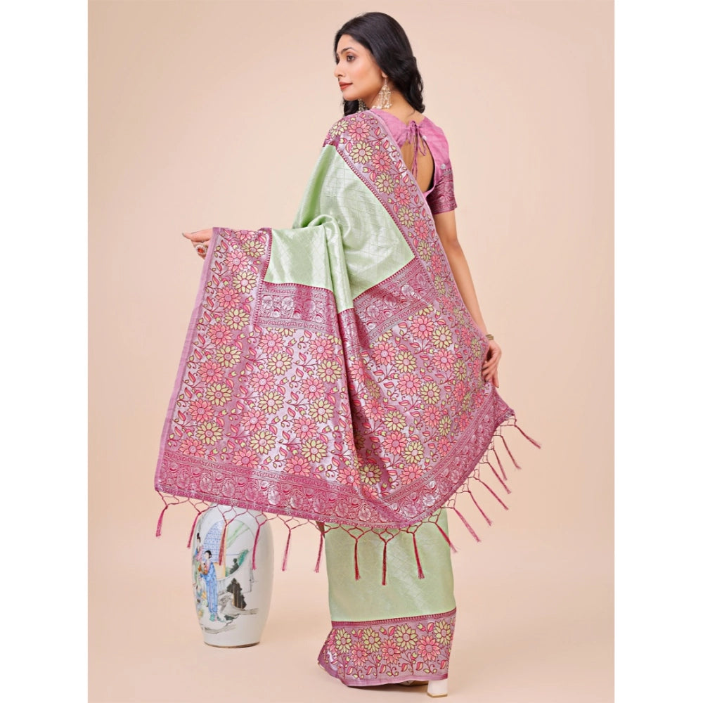 Generic Women's Lichi Silk Printed Saree With Unstitched Blouse 5.5Mtr (Olive Green)