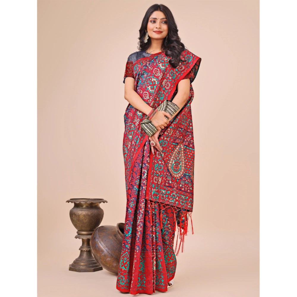 Generic Women's Cotton Printed Saree With Unstitched Blouse 5.5Mtr (Red)