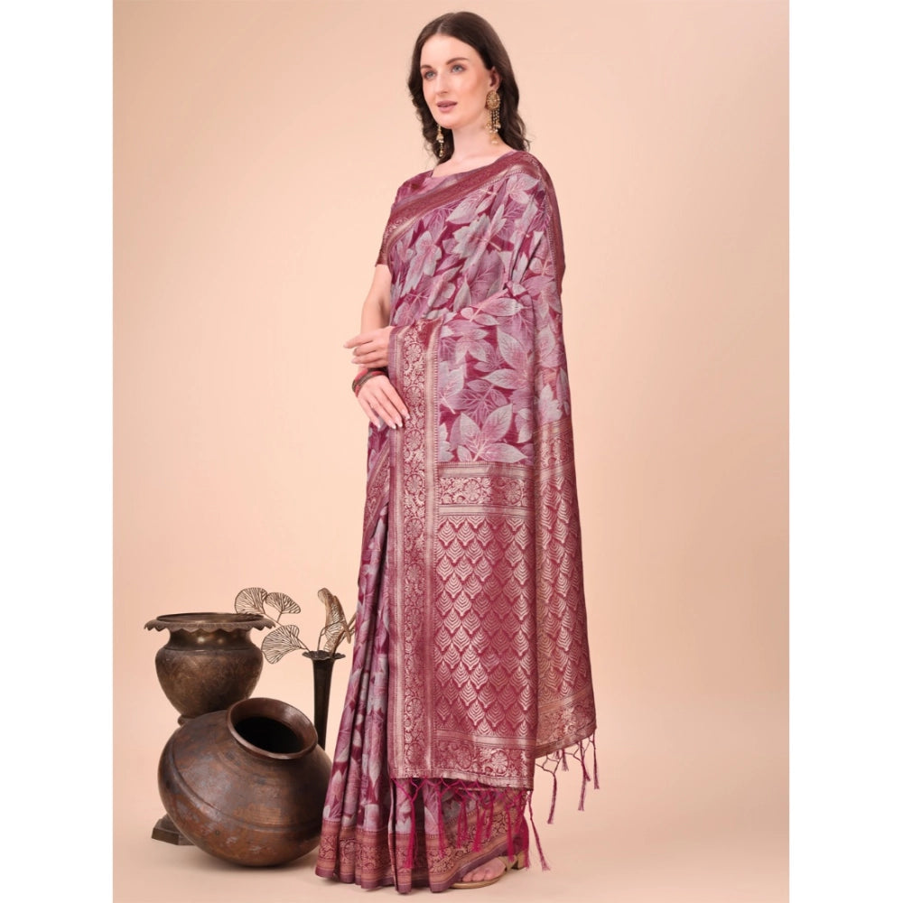 Generic Women's Cotton Printed Saree With Unstitched Blouse 5.5Mtr (Magenta)