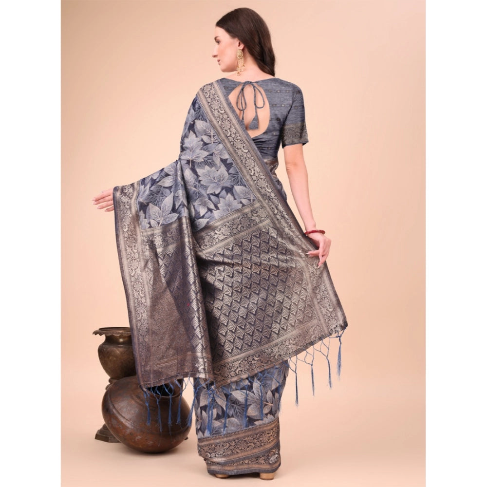 Generic Women's Cotton Printed Saree With Unstitched Blouse 5.5Mtr (Navy Blue)