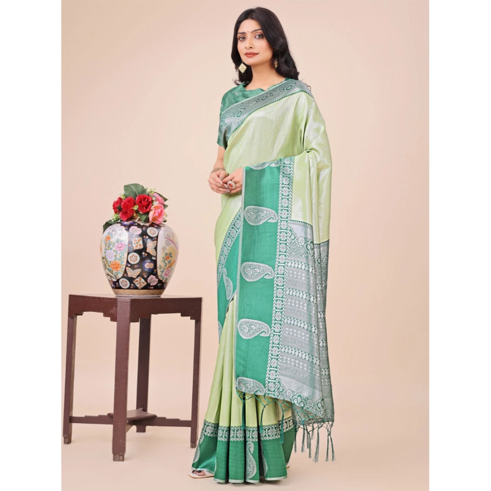 Generic Women's Lichi Silk Printed Saree With Unstitched Blouse 5.5Mtr (Light Green)