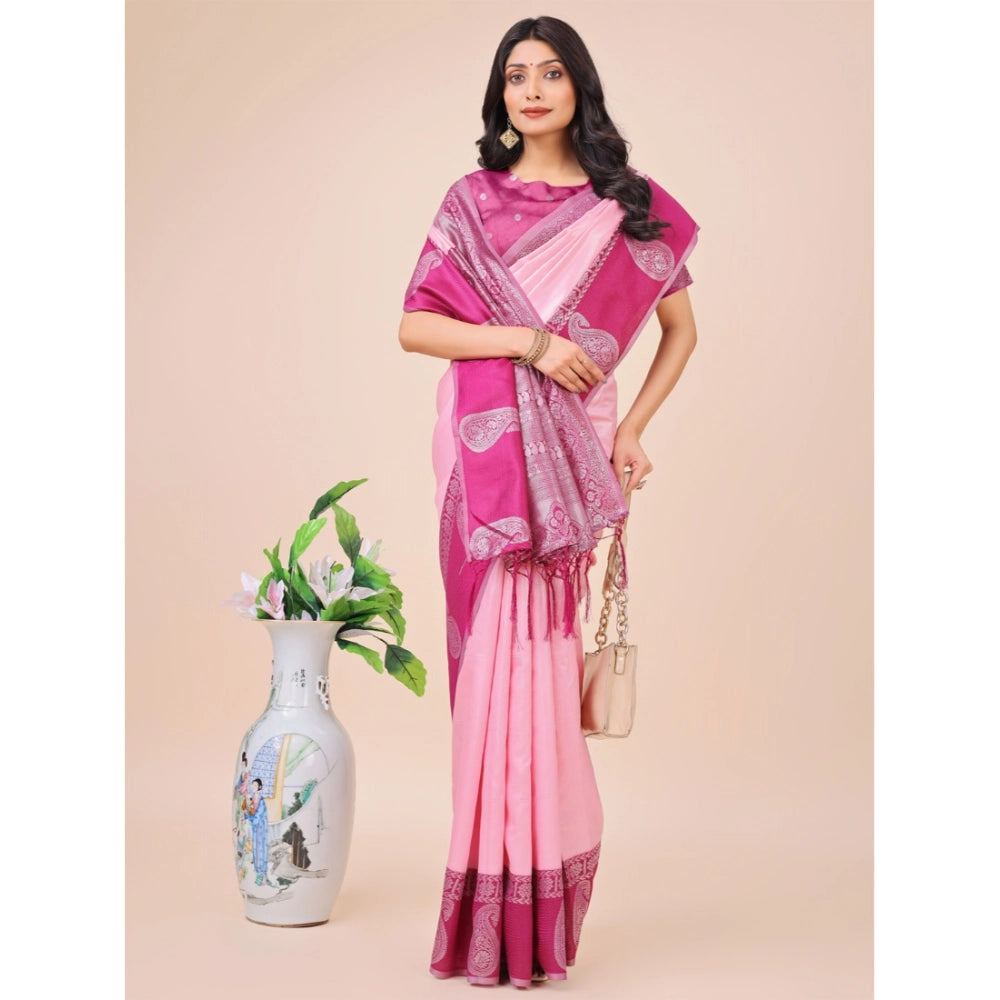 Generic Women's Lichi Silk Printed Saree With Unstitched Blouse 5.5Mtr (Light Pink)