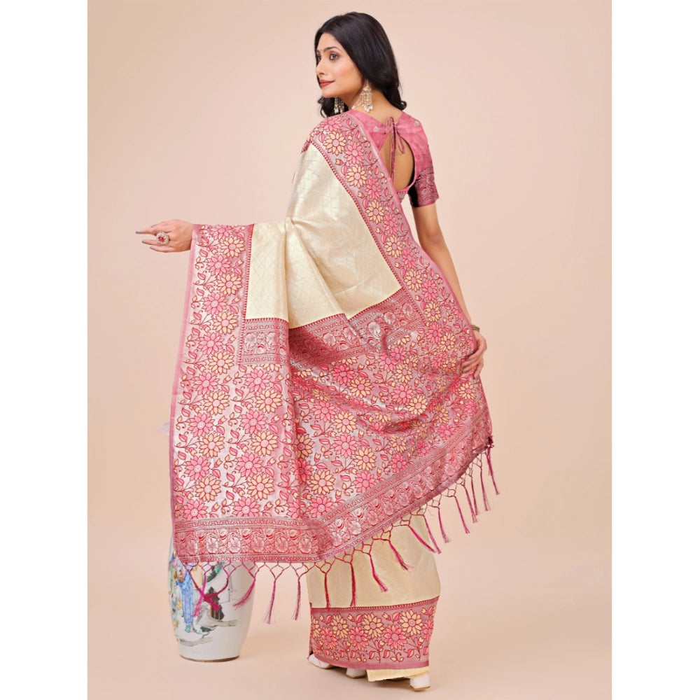 Generic Women's Lichi Silk Printed Saree With Unstitched Blouse 5.5Mtr (Cream)