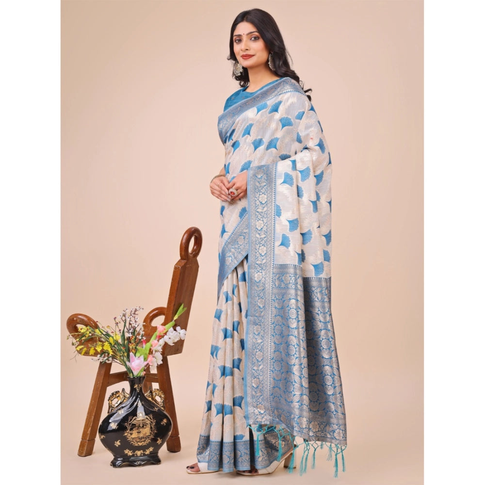 Generic Women's Linen Cotton Printed Saree With Unstitched Blouse 5.5Mtr (Sky Blue)