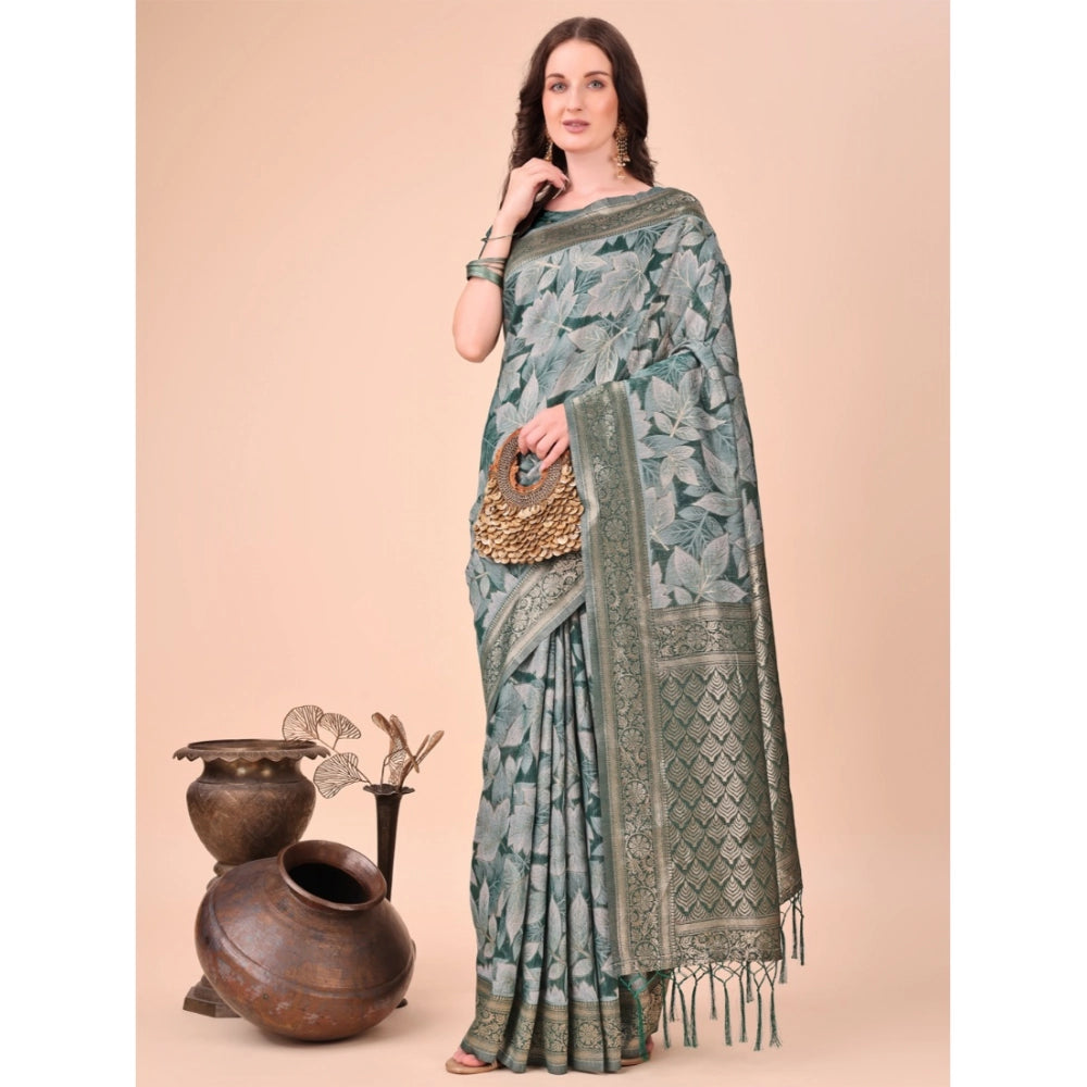 Generic Women's Cotton Printed Saree With Unstitched Blouse 5.5Mtr (Green)