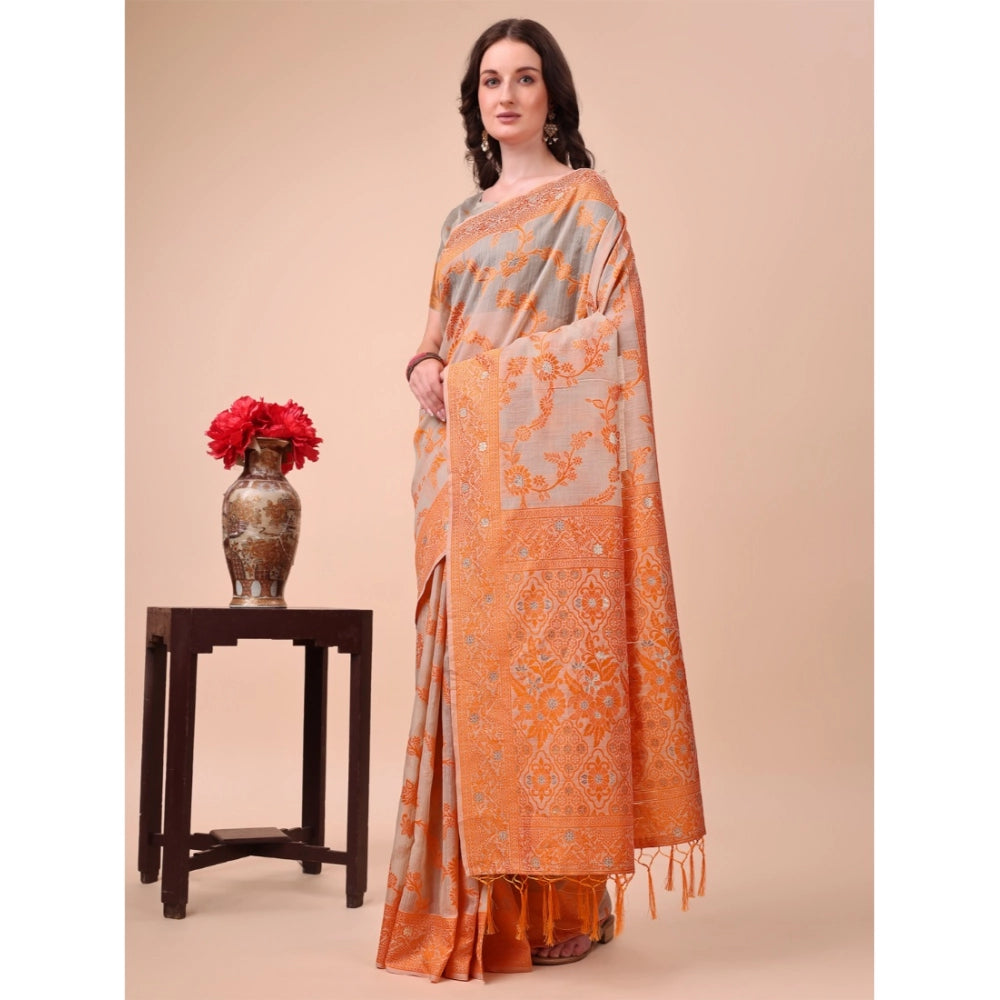 Generic Women's Cotton Printed Saree With Unstitched Blouse 5.5Mtr (Orange)