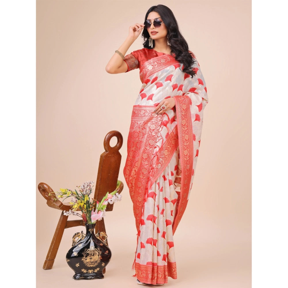 Generic Women's Linen Cotton Printed Saree With Unstitched Blouse 5.5Mtr (Red)