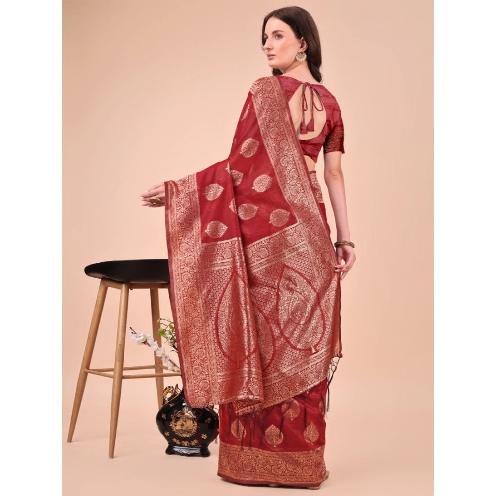 Generic Women's Cotton Printed Saree With Unstitched Blouse 5.5Mtr (Maroon)