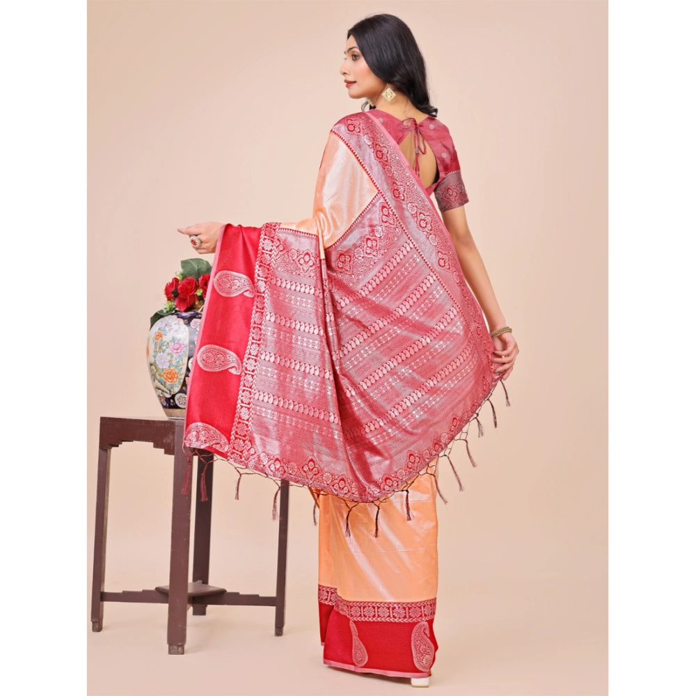 Generic Women's Lichi Silk Printed Saree With Unstitched Blouse 5.5Mtr (Peach)