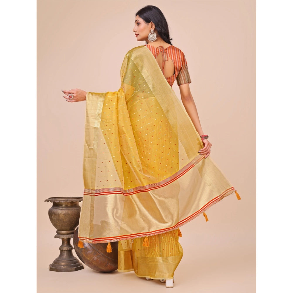 Generic Women's Organza Printed Saree With Unstitched Blouse 5.5Mtr (Yellow)