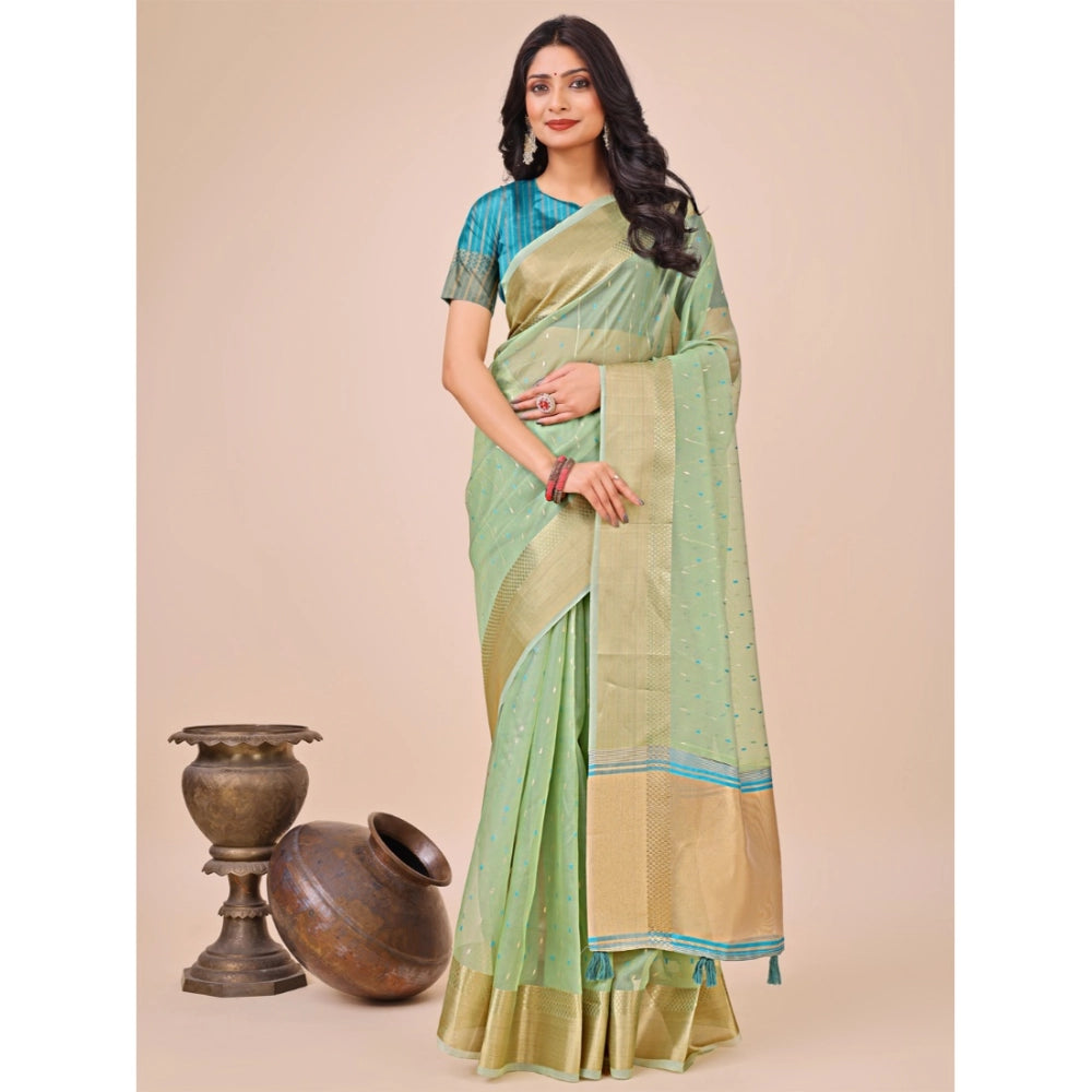 Generic Women's Organza Printed Saree With Unstitched Blouse 5.5Mtr (Green)