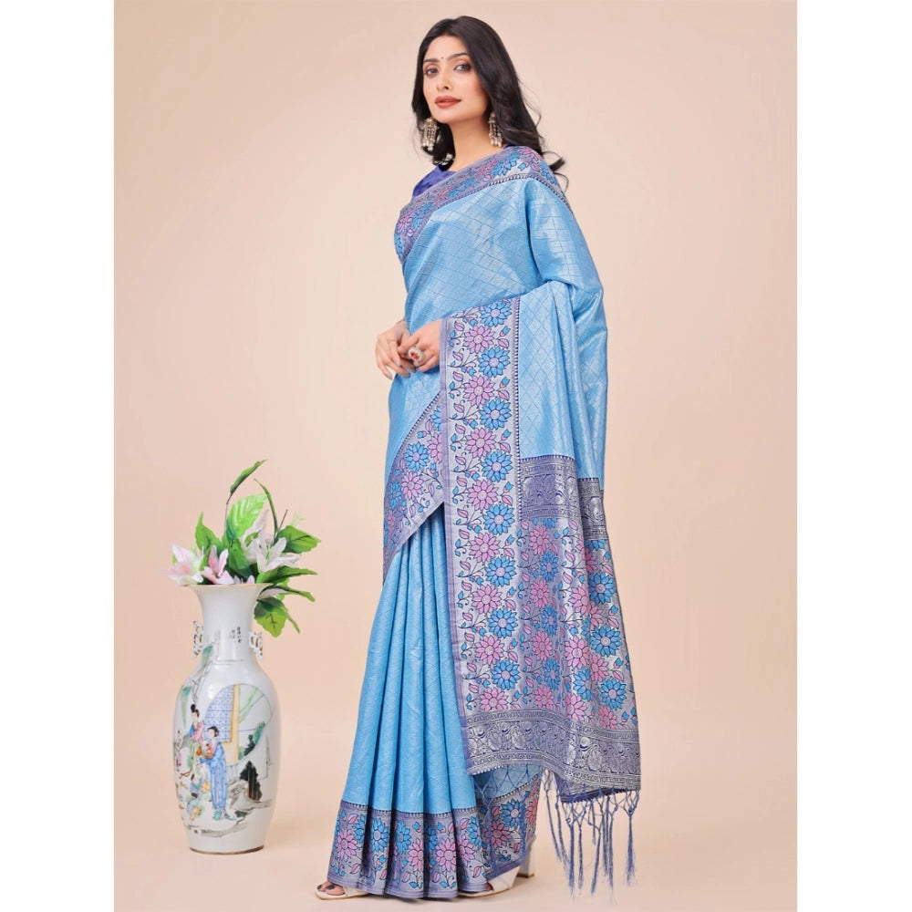 Generic Women's Lichi Silk Printed Saree With Unstitched Blouse 5.5Mtr (Sky Blue)