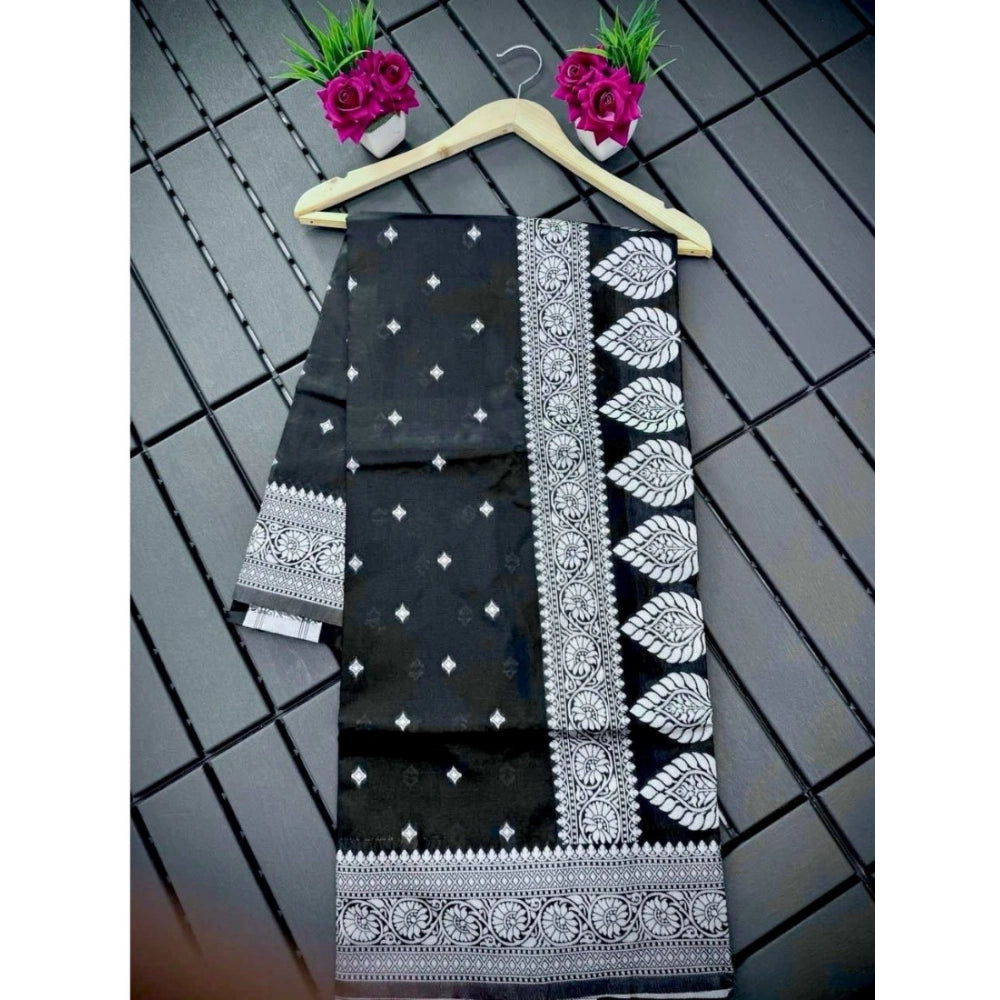 Generic Women's Silk Printed Saree With Unstitched Blouse 5.5Mtr (Black)